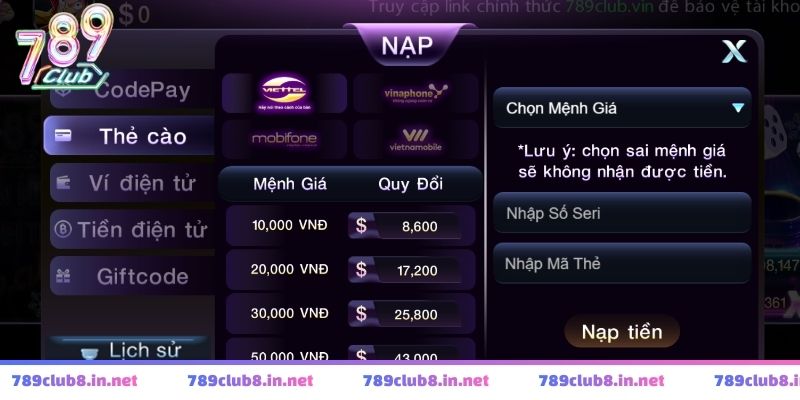 Các phương thức nạp tiền 789club được tích hợp an toàn